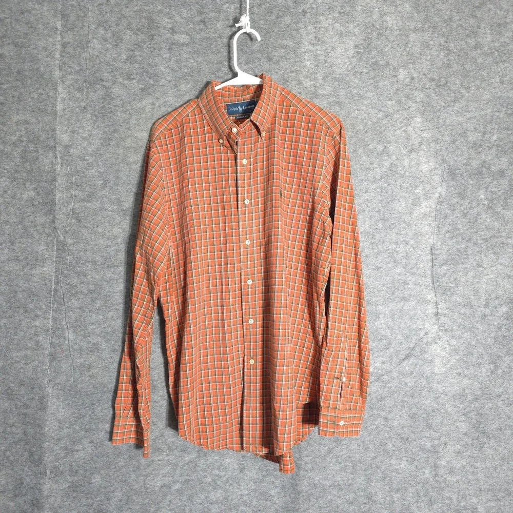 Ralph Lauren Plaid Shirt Mens Medium Orange Classic Fit Long Sleeve Button Down